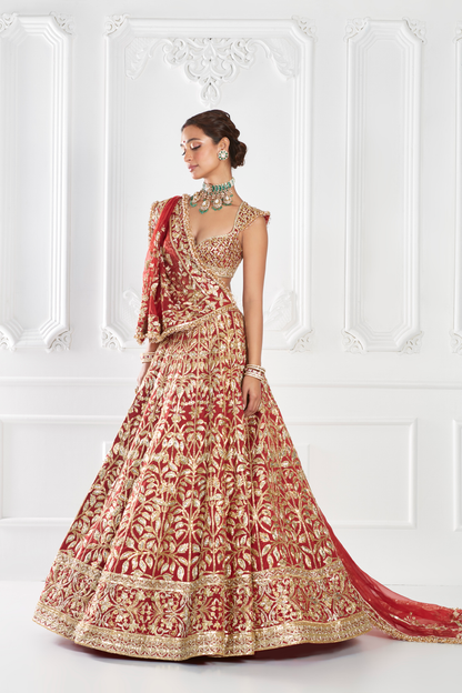 Red Gold Leaf Jaal Embroidered Lehenga Set