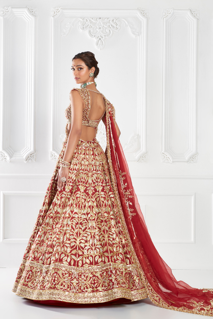Red Gold Leaf Jaal Embroidered Lehenga Set