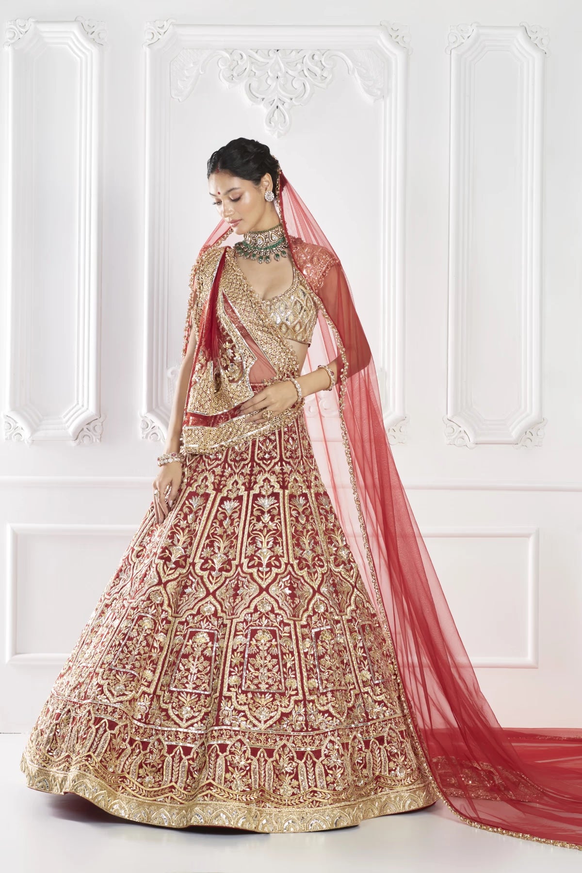 Red Gold Architectural Embroidered Lehenga Set