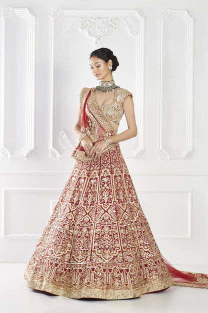 Red Gold Architectural Embroidered Lehenga Set