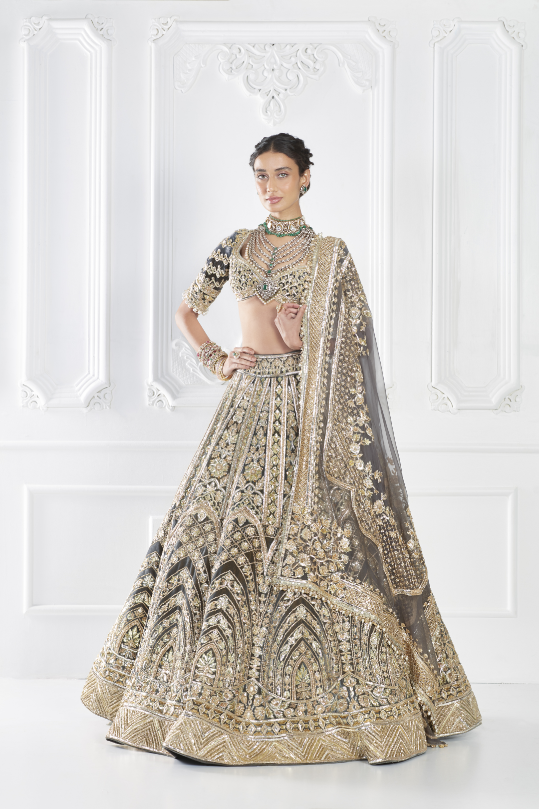 Grey Gold Velvet Embroidered Lehenga Set