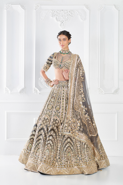 Grey Gold Velvet Embroidered Lehenga Set