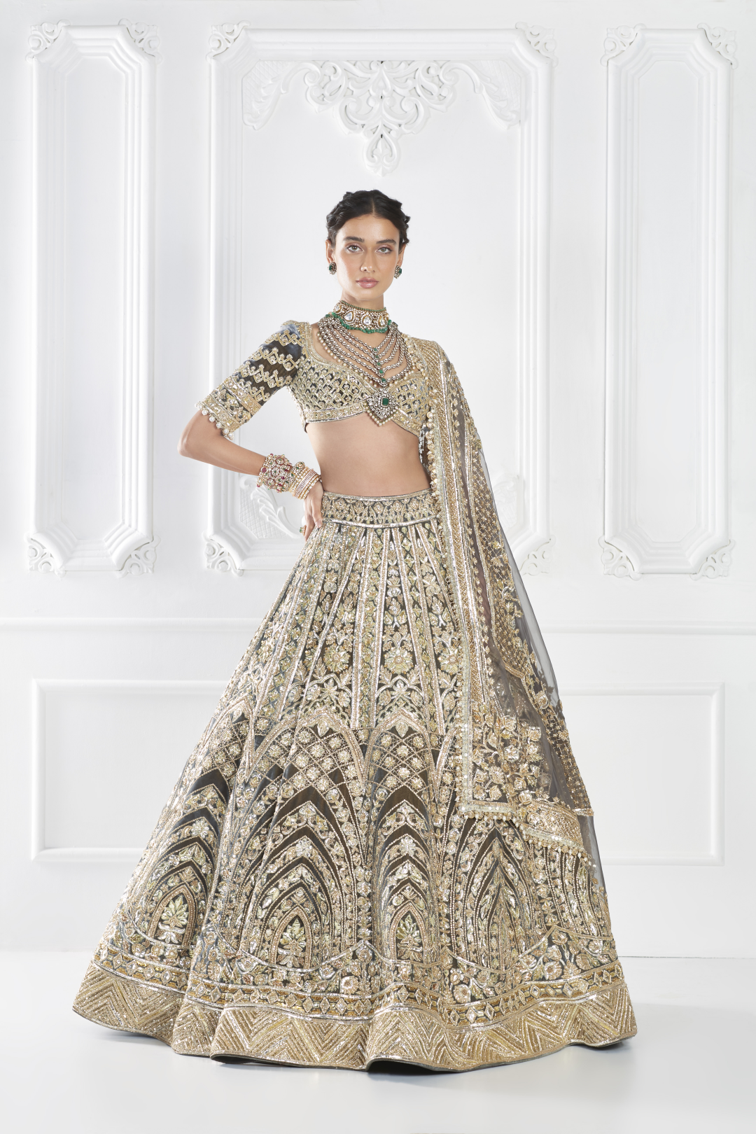 Grey Gold Velvet Embroidered Lehenga Set