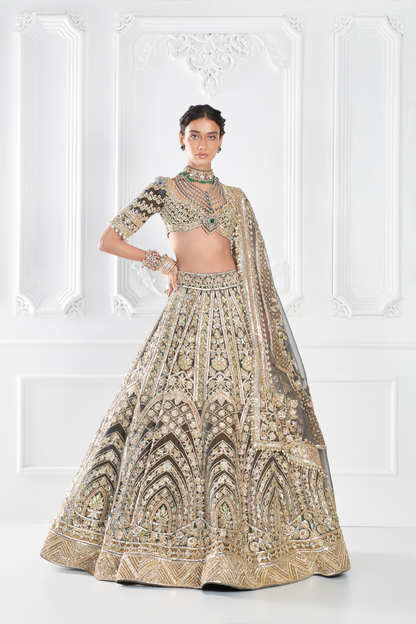 Grey Gold Velvet Embroidered Lehenga Set