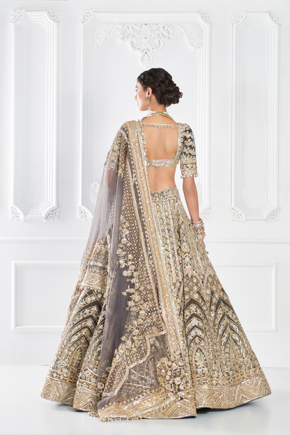 Grey Gold Velvet Embroidered Lehenga Set