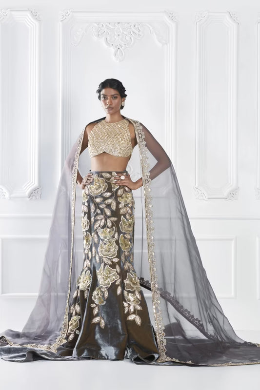 Grey Dual-Tone Embroidered Lehenga Set