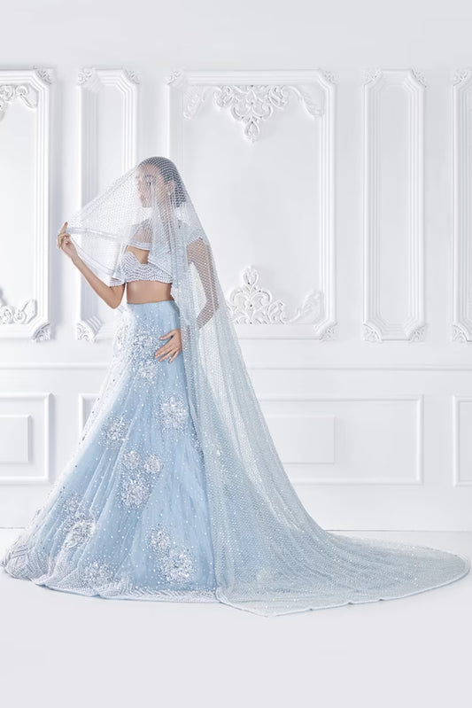 Powder Blue Floral Stone Encrusted Lehenga Set