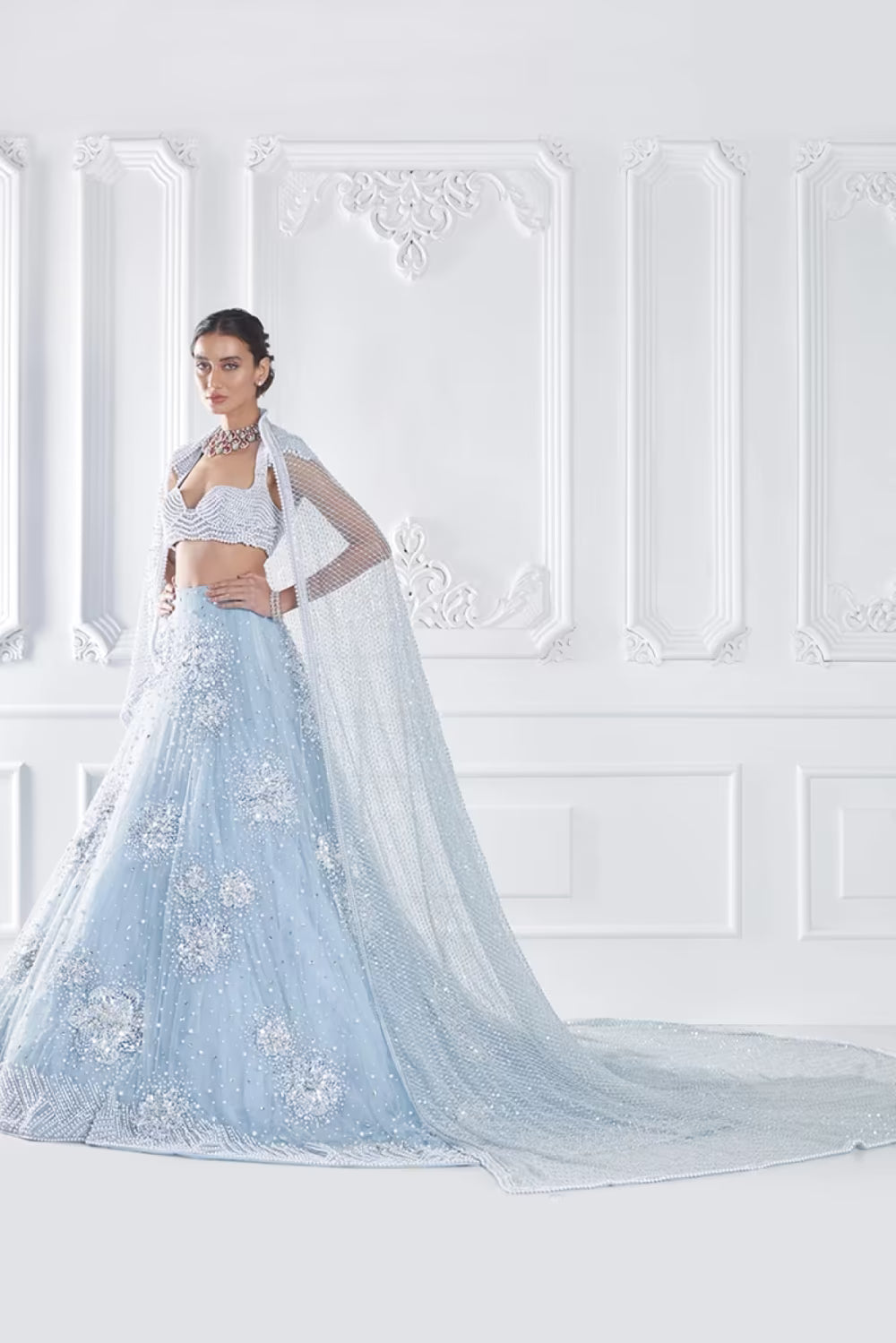 Powder Blue Floral Stone Encrusted Lehenga Set