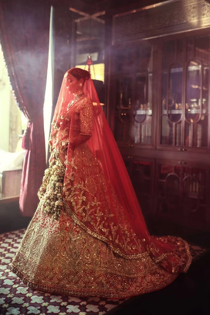 Red Zardozi Embroidered Bridal Lehenga Set