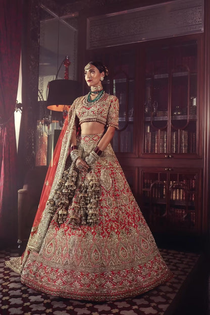 Red Zardozi Embroidered Bridal Lehenga Set
