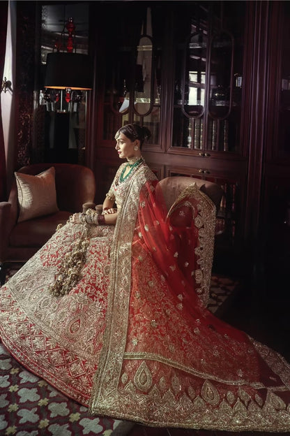 Red Zardozi Embroidered Bridal Lehenga Set