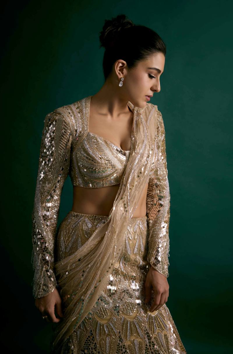 Sara Ali Khan in our Oyster-Gold and Silver Embroidered Lehenga Set