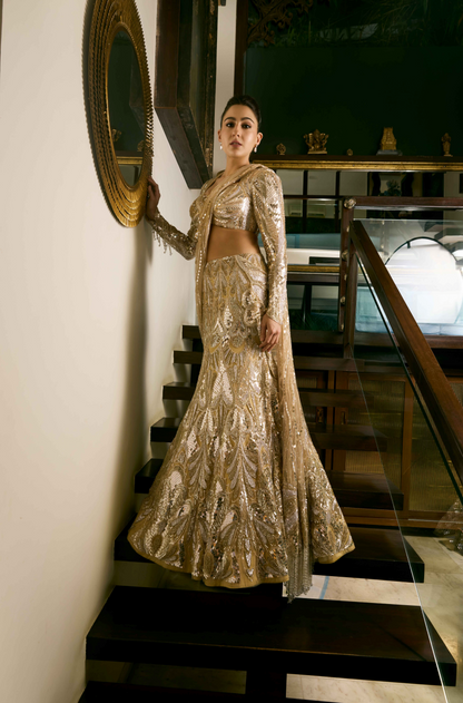 Sara Ali Khan in our Oyster-Gold and Silver Embroidered Lehenga Set