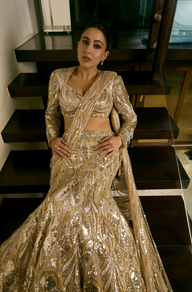 Sara Ali Khan in our Oyster-Gold and Silver Embroidered Lehenga Set