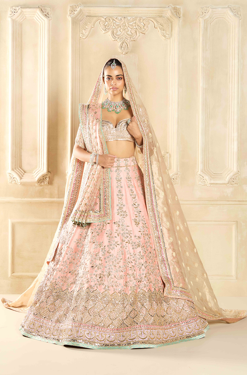 Peach Silk Embroidered Lehenga Set