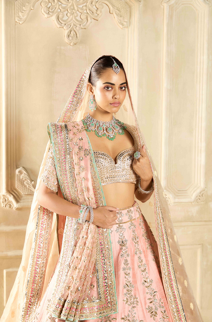 Peach Silk Embroidered Lehenga Set