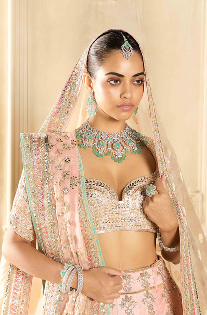 Peach Silk Embroidered Lehenga Set