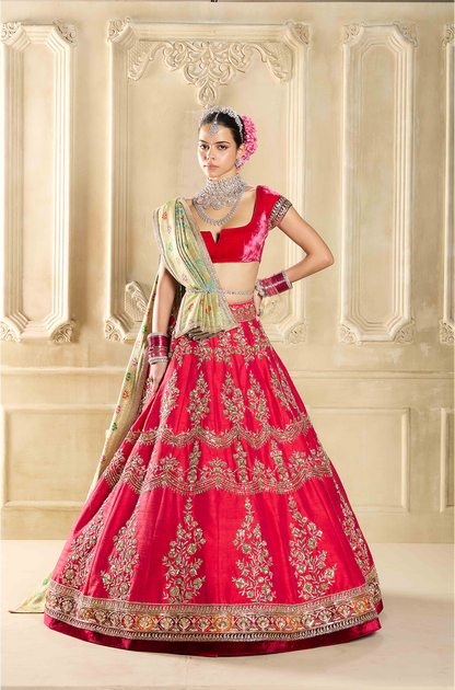 Crimson Red Embroidered Lehenga Set