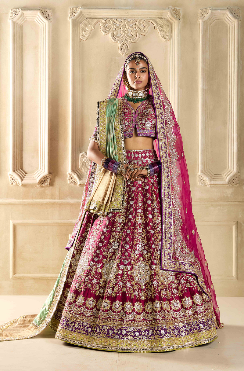 Maroon Embroidered Silk Lehenga Set