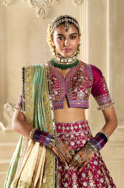 Maroon Embroidered Silk Lehenga Set