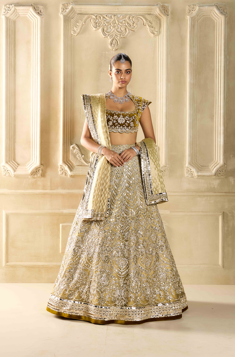 Antique Gold Organza Embroidered Lehenga Set