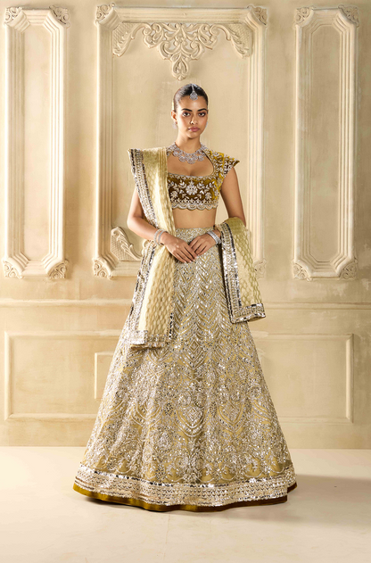 Antique Gold Organza Embroidered Lehenga Set