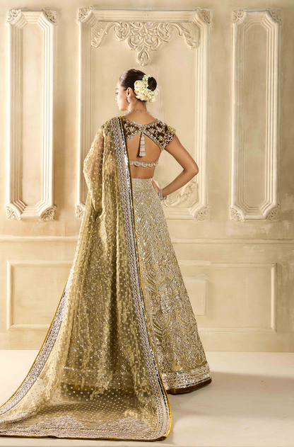 Antique Gold Organza Embroidered Lehenga Set