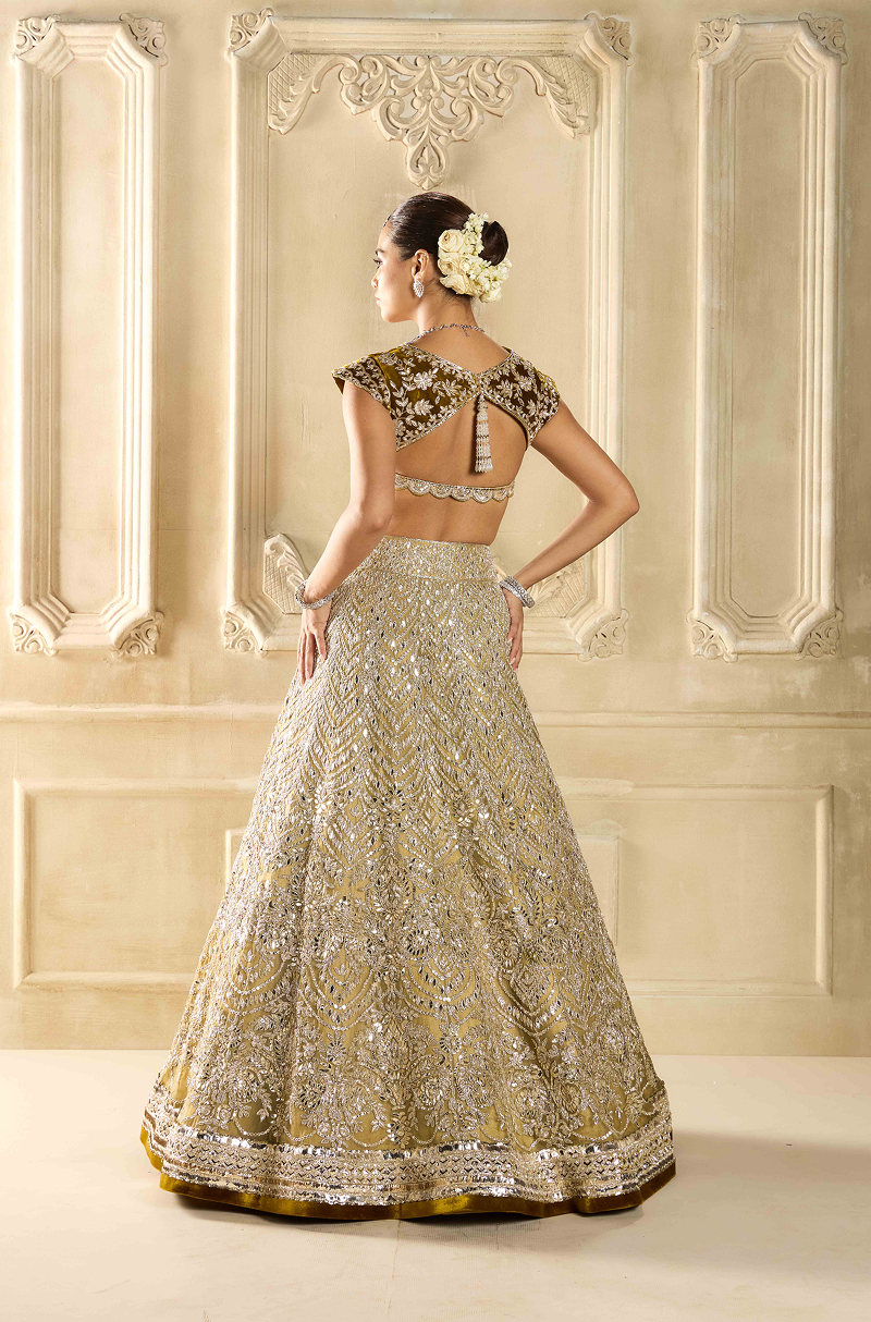 Antique Gold Organza Embroidered Lehenga Set