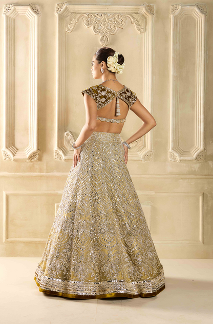 Antique Gold Organza Embroidered Lehenga Set