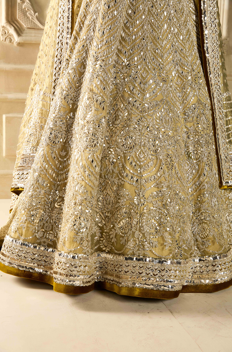 Antique Gold Organza Embroidered Lehenga Set