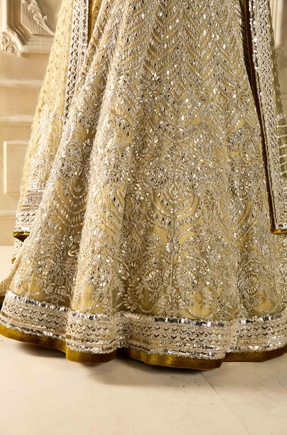Antique Gold Organza Embroidered Lehenga Set