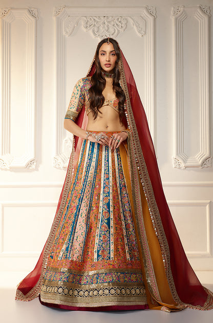 Mustard & Turquoise Kali Kashmiri Embroidered Lehenga Set