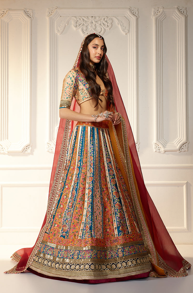 Mustard & Turquoise Kali Kashmiri Embroidered Lehenga Set