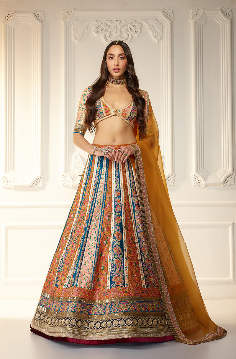 Mustard & Turquoise Kali Kashmiri Embroidered Lehenga Set