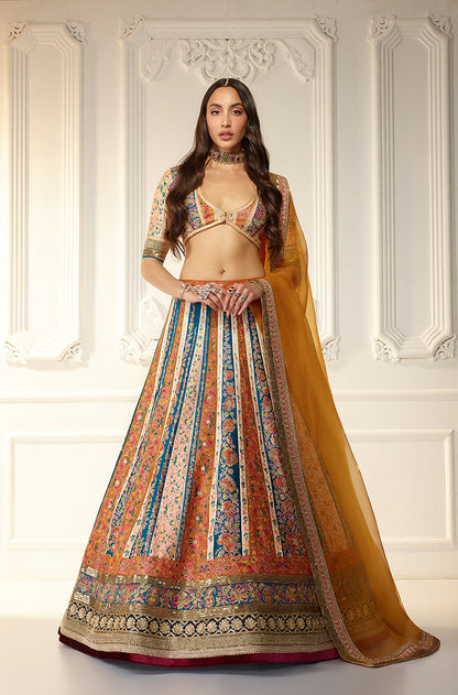 Mustard & Turquoise Kali Kashmiri Embroidered Lehenga Set