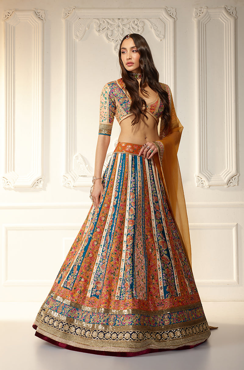 Mustard & Turquoise Kali Kashmiri Embroidered Lehenga Set
