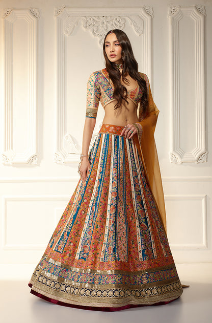 Mustard & Turquoise Kali Kashmiri Embroidered Lehenga Set