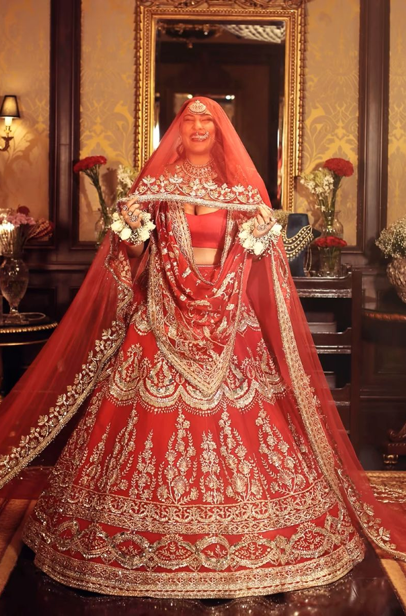 Red Organza Embroidered Lehenga Set