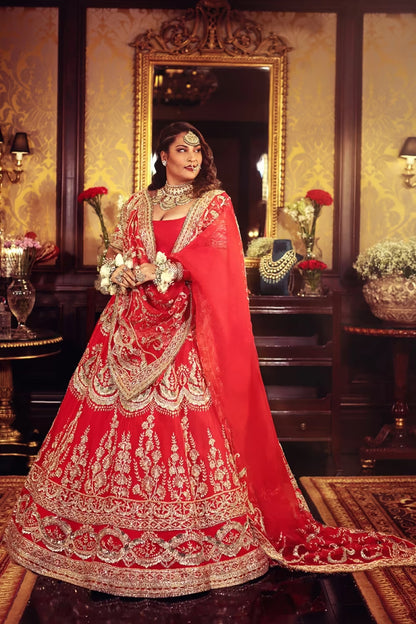 Red Organza Embroidered Lehenga Set