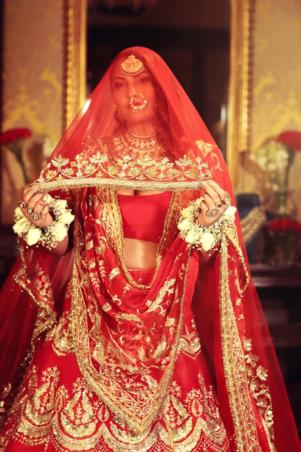 Red Organza Embroidered Lehenga Set