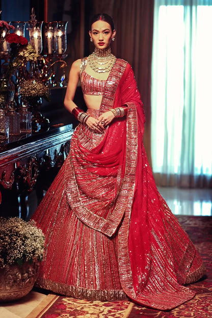 Deep Red Taban Embroidered Lehenga Set