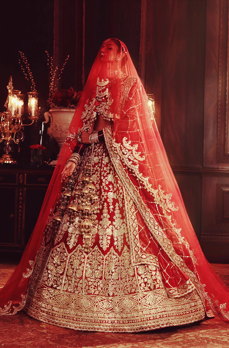 Scarlet Red Gold Dori Embroidered Lehenga Set