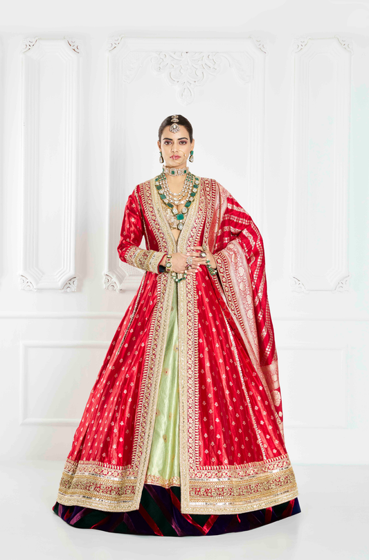 Red Long Brocade Jacket Lehenga Set