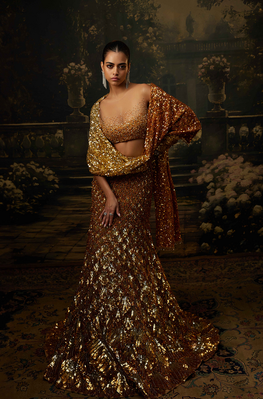 Gold Ombre 3D Feather Peacock Lehenga Set