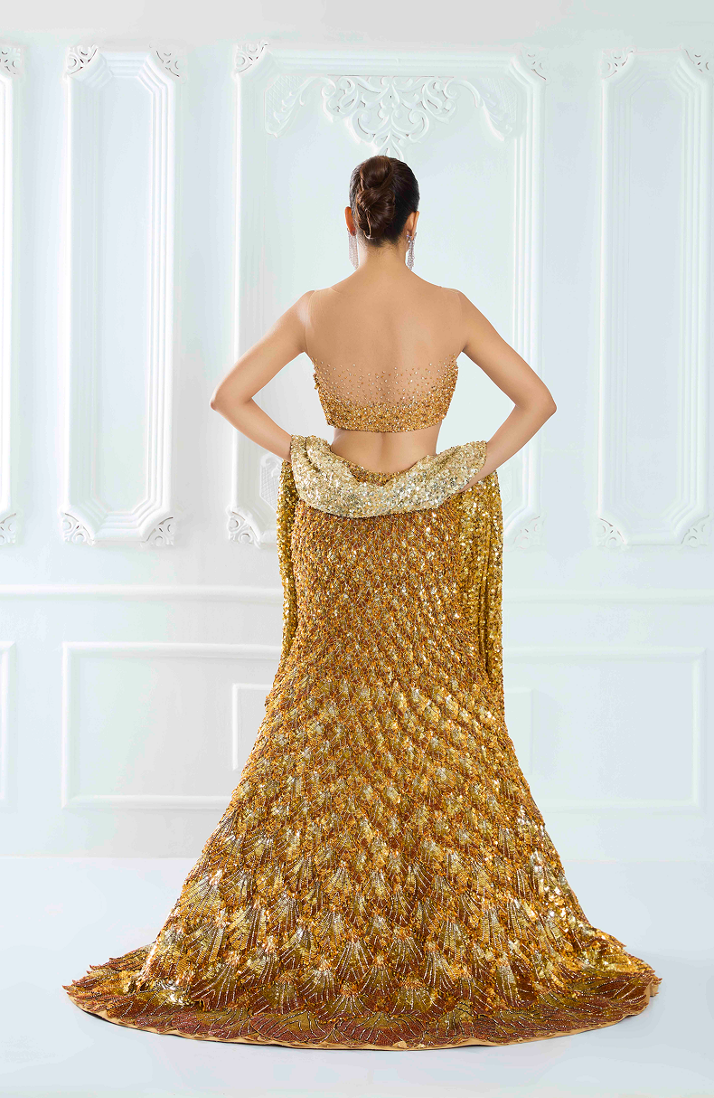 Gold Ombre 3D Feather Peacock Lehenga Set