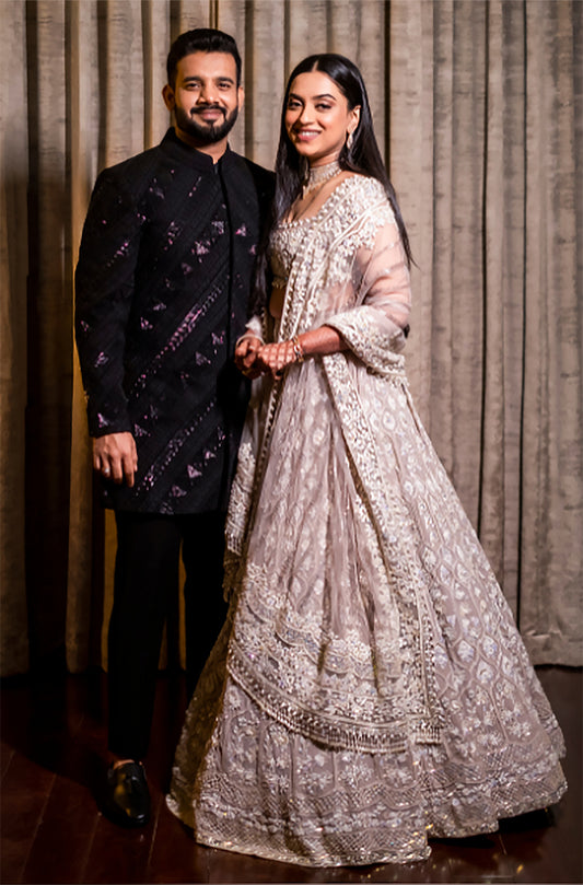 Bride: Nidhi Shetty & Groom: Rahul Shetty in our Khaab Emsemble