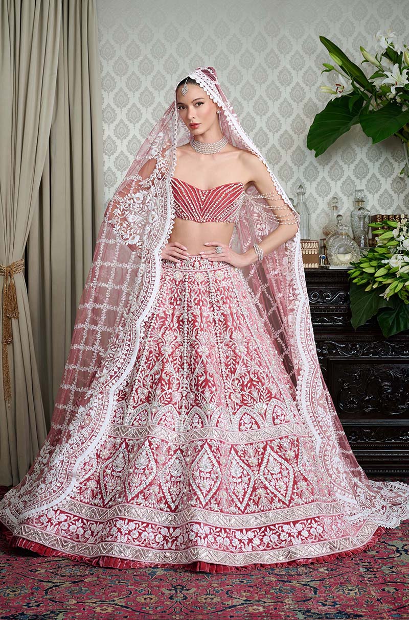 Salmon Pink Velvet Embroidered Lehenga Set