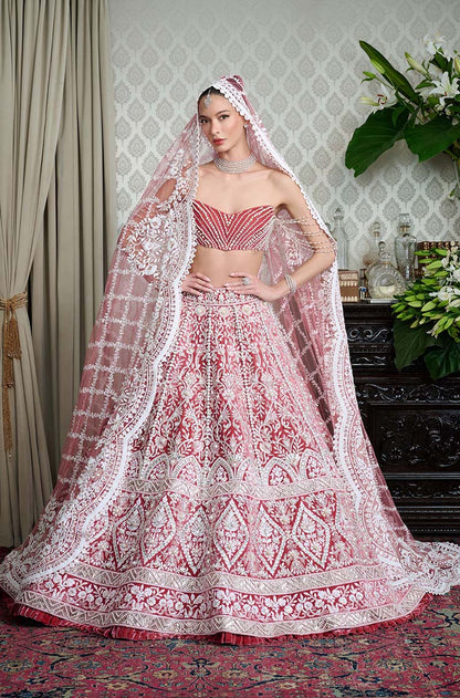 Salmon Pink Velvet Embroidered Lehenga Set