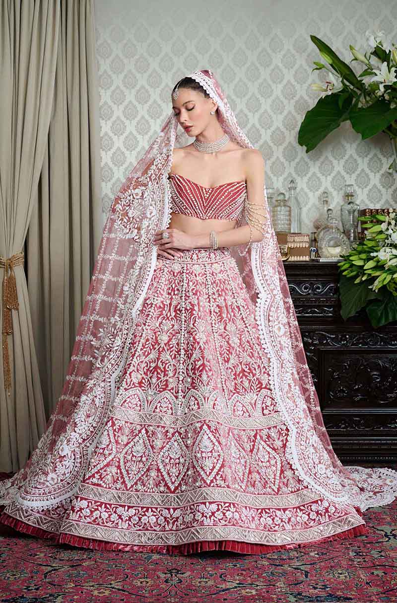 Salmon Pink Velvet Embroidered Lehenga Set