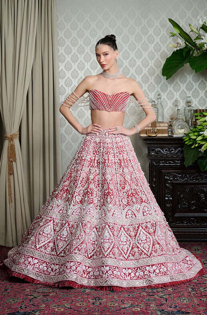 Salmon Pink Velvet Embroidered Lehenga Set